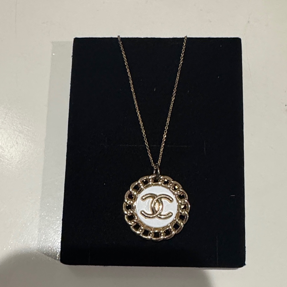 CHANEL button Gold and White Chain Pendant Necklace